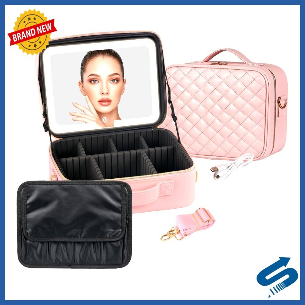 Portable Travel Makeup Bag with LED Mirror Adjustable Dividers USB Charging